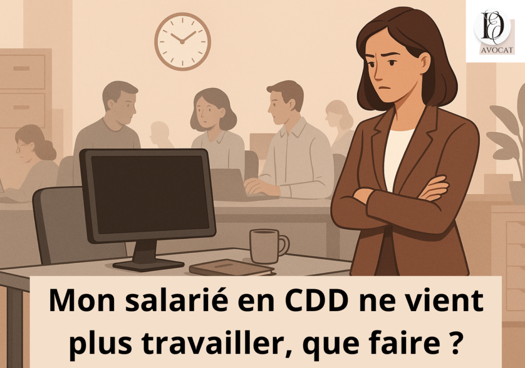 Image d'une cheffe d'entreprise les bras croisé, un air triste, qui regarde un poste de travail vide. En arrière plan, d'autres salariés qui travaillent en groupe sur un bureau. Il est inscrit : "mon salarié en CDD ne vient plus travail : que faire?"